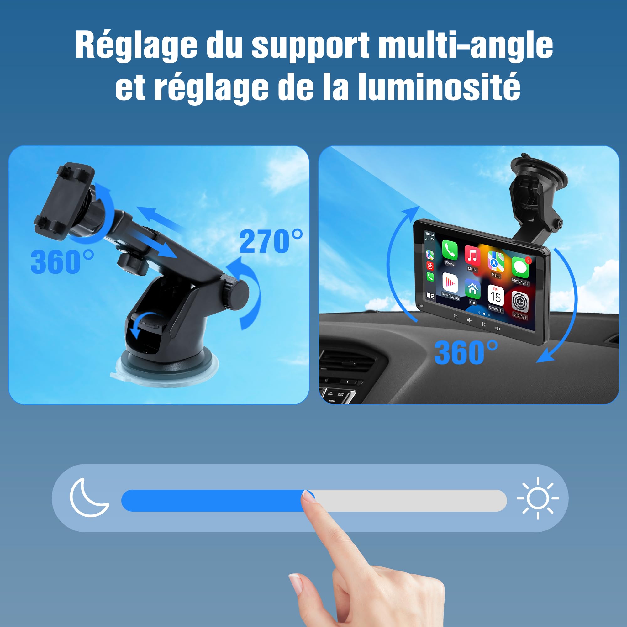 Portable carplayy Voiture, 7''Écran Portable sans Fil avec Wireless CarPlayy,Tablette pour Voiture avec BT, FM, Type C,Aux-in