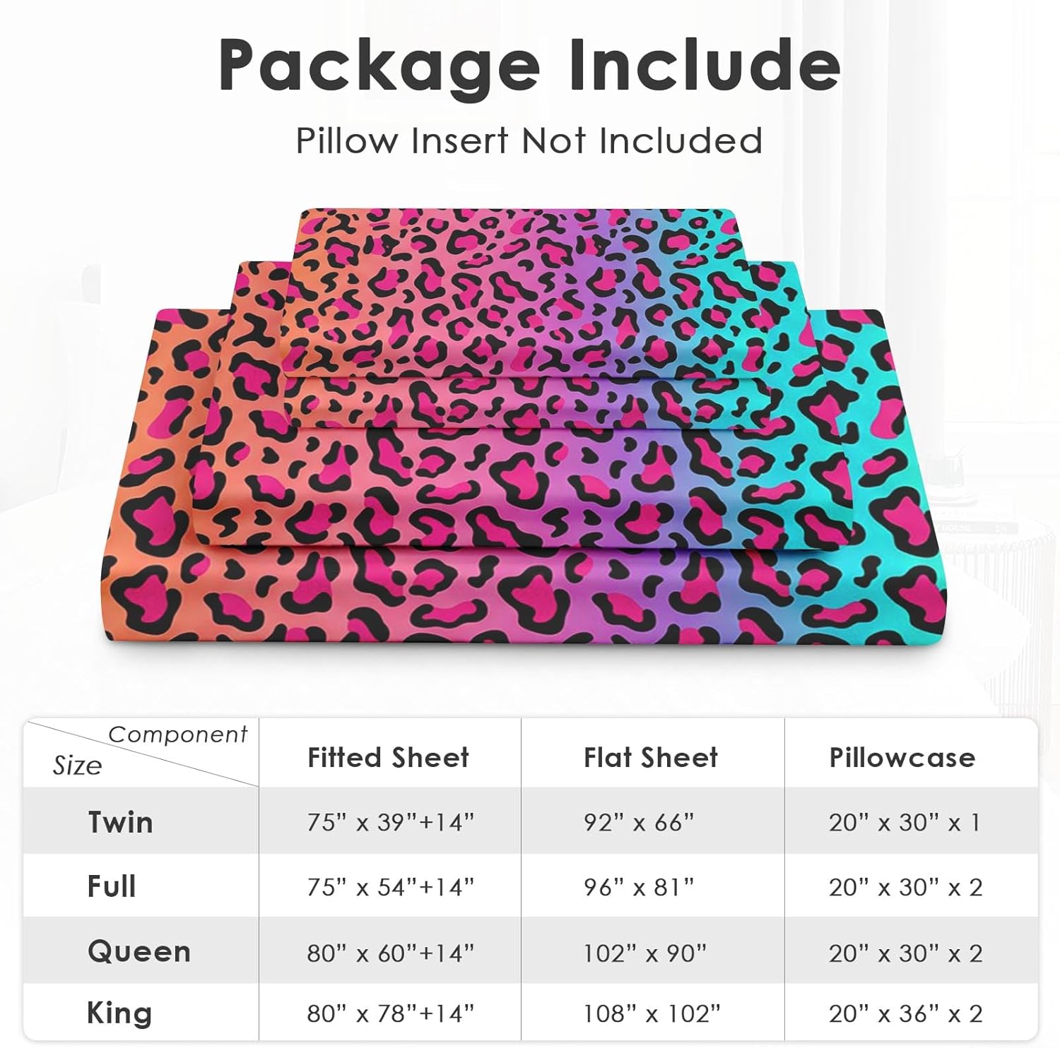 Pamnest Queen Size Bed Sheet Sets, Colorful Neon Leopard Soft Microfiber 4 Pcs Bedding Sets for Kids and Adults Bedroom Bed Decor, Cheetah Rainbow Psychedelic Flat, Fitted Sheet and 2 Pillowcases