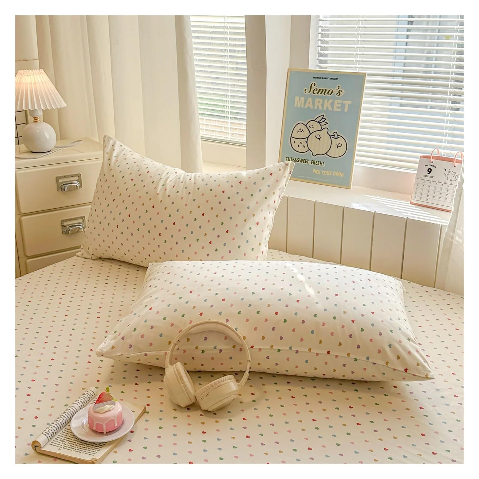 Printed Bed Sheets Baumwoll-Spannbettlaken mit Herzmuster, Bedruckt Gummizug, Einzel-/Doppelbett-/Queensize-Größe, weiches Cartoon-Design(Color 3,150x200x30cm 1pc)