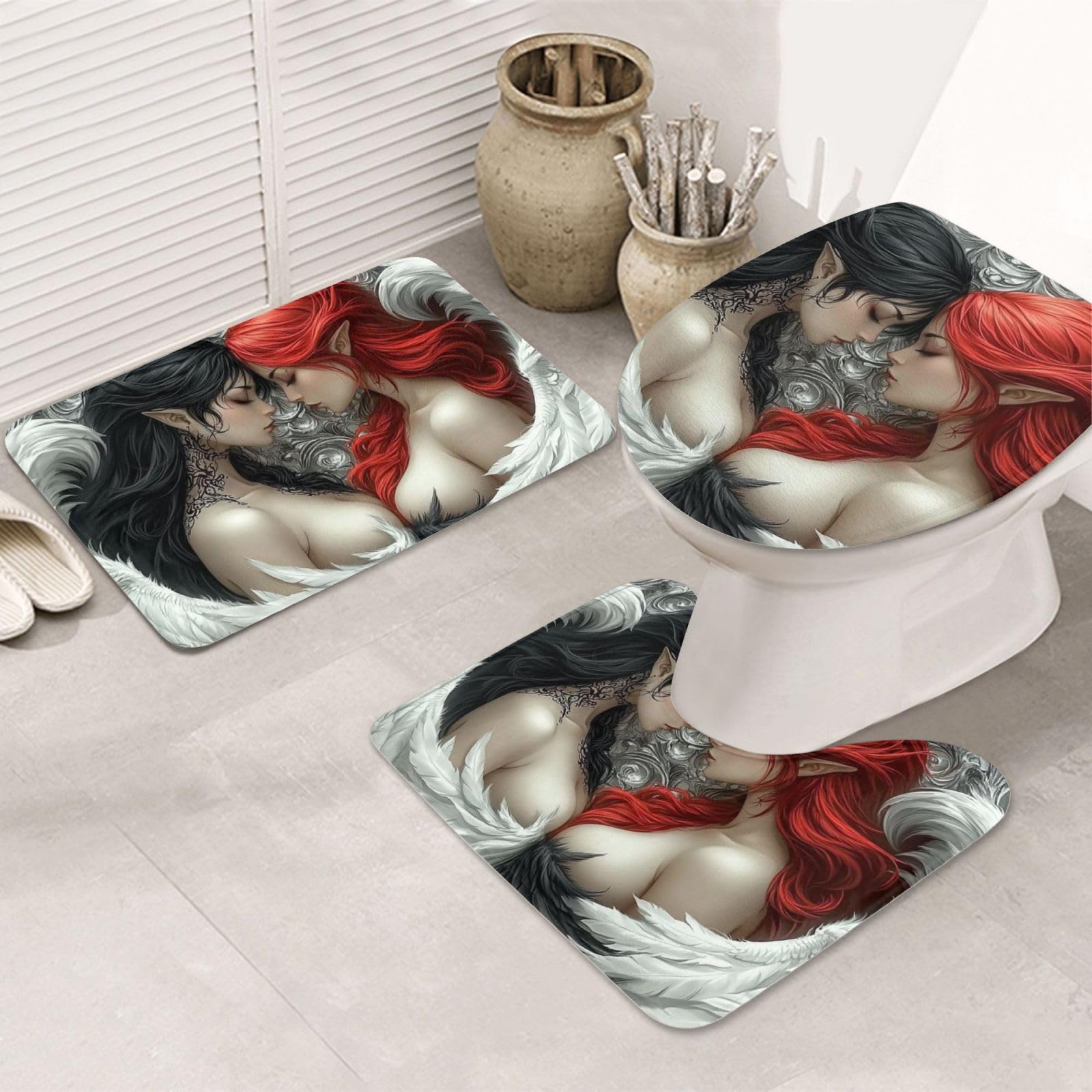 Alfombrilla de baño y set de 3 piezas para decorar con diosa de fantasía roja