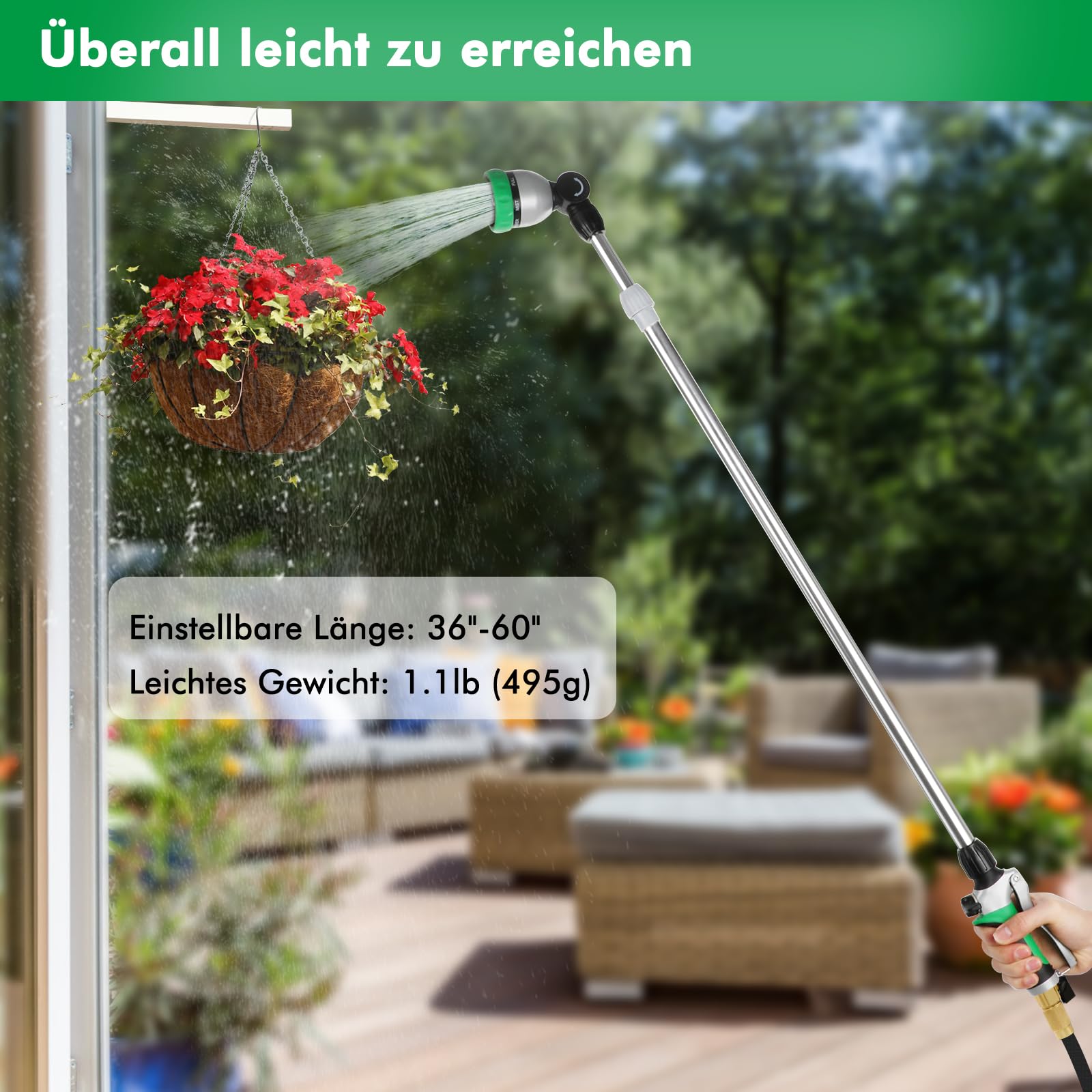 RESTMO Langer Teleskop Gießstab 92-152 cm, Lang Gartenbrause Metall mit 180° schwenkbaren Kopf, 7 Sprühmustern, Durchflusskontrolle, Bewässerung Zauberstab zum Blumenampeln und Sträucher, Grün