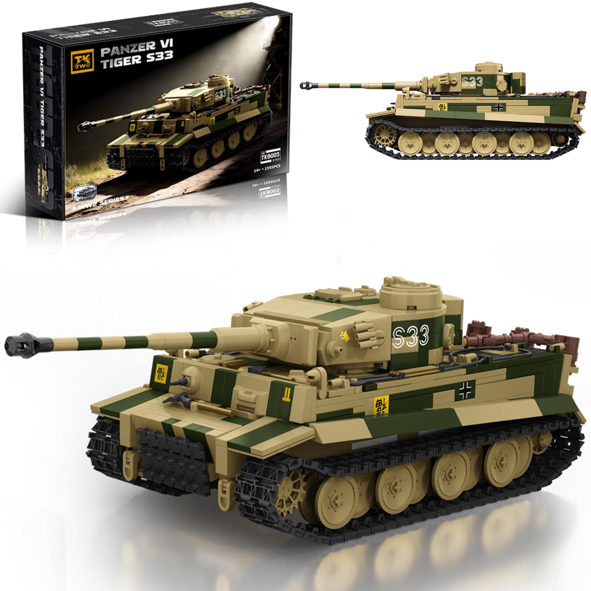 Ebortsin Tiger Tank Building Set for Adults, 1595 PCS Panzerkampfwagen VI WW2 Army Tank Toys Building Kit, WW2 Tanks VI Tiger S33 Model Toy, Home Office Decor Gift for Military Lovers
