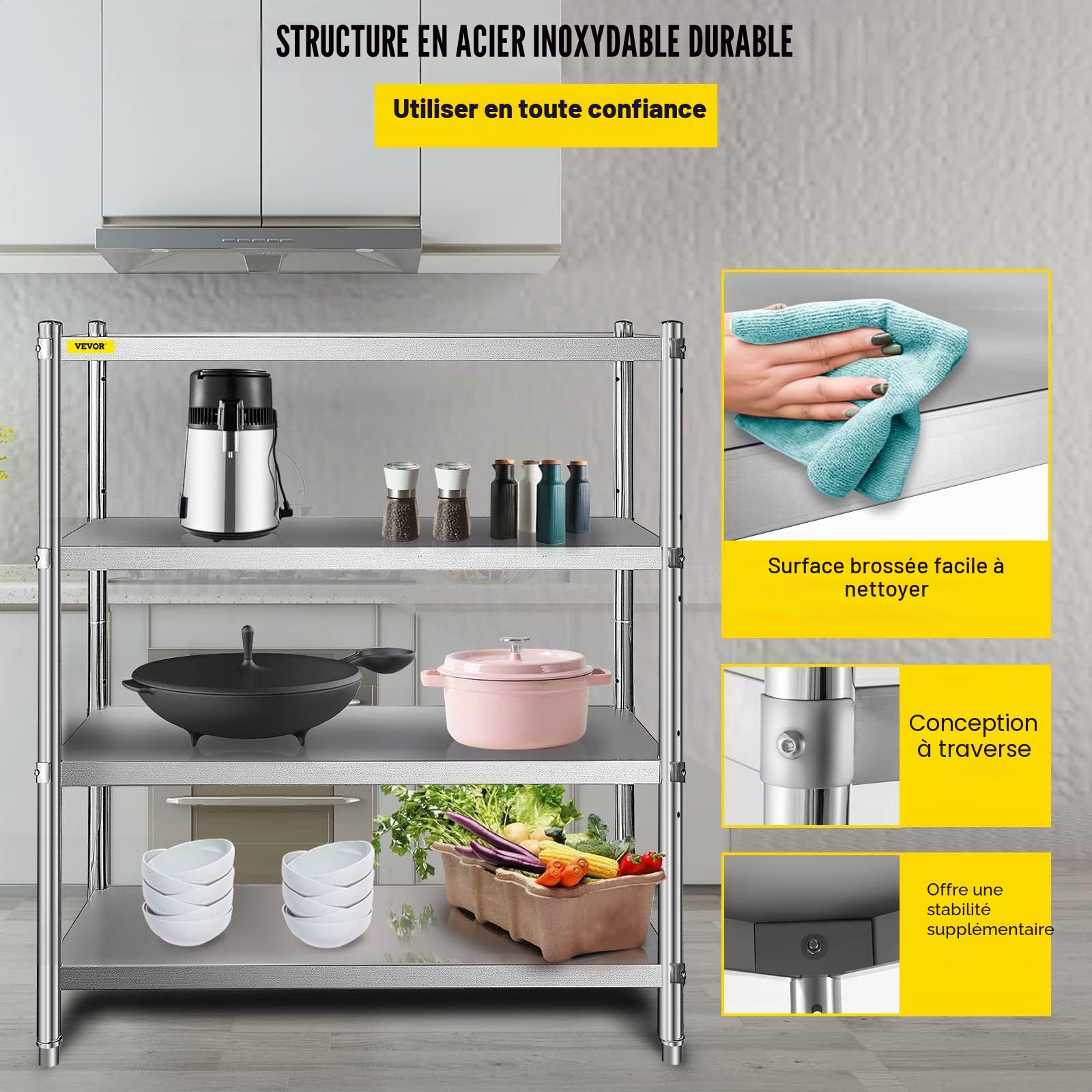 VBENLEM Étagères Inox de Rangement de Cuisine Capacité de Charge 150 kg Table à Épices à 4 Niveaux avec Accessoires d'Assemblage Meuble pour Cuisine Garage Atelier Entrepôt Balcon 122x48x150 cm