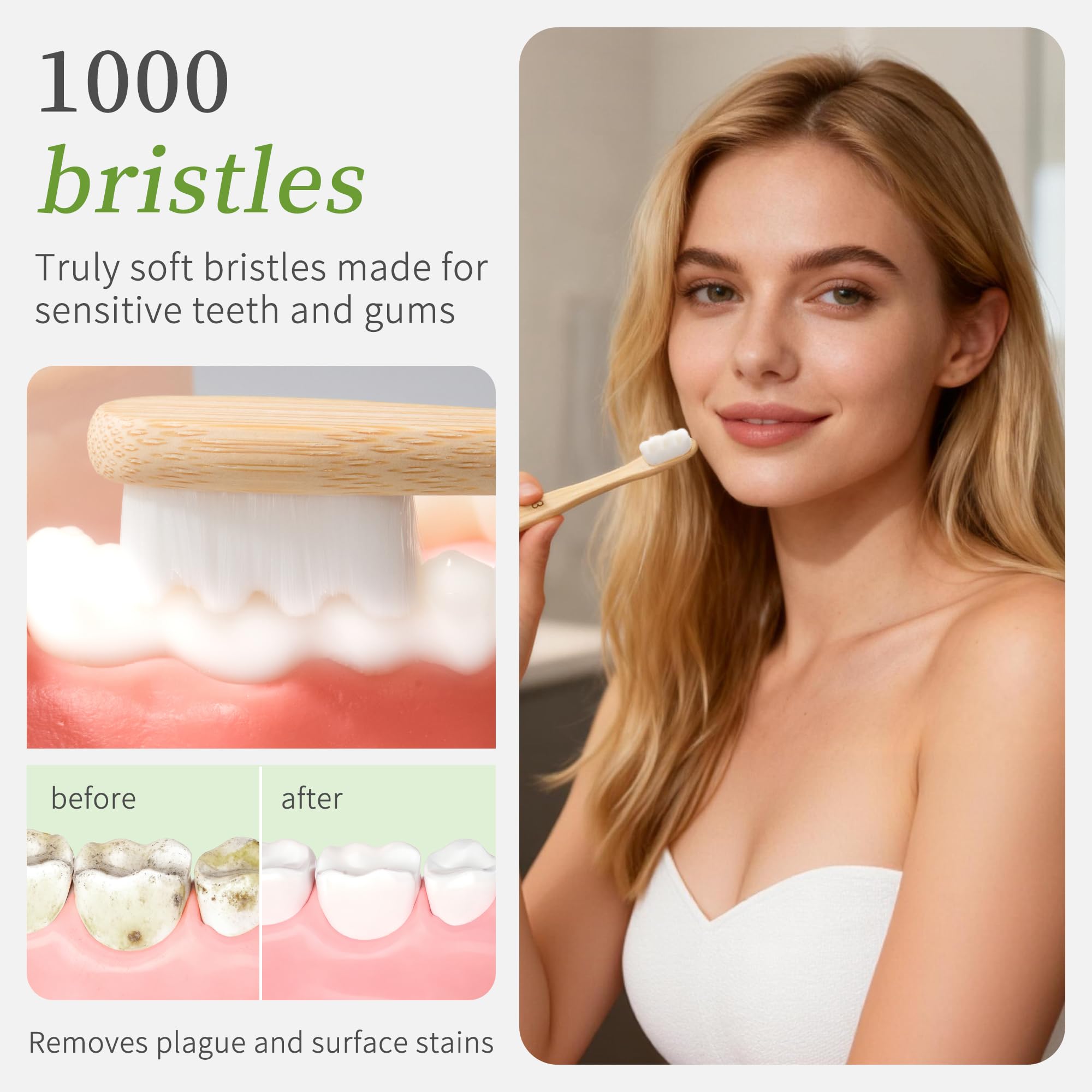 Cepillo de dientes de bambú con cerdas sin BPA, mango biodegradable, diseño ergonómico, paquete de 12 unidades, juego de cuidado bucal de madera natural para adultos