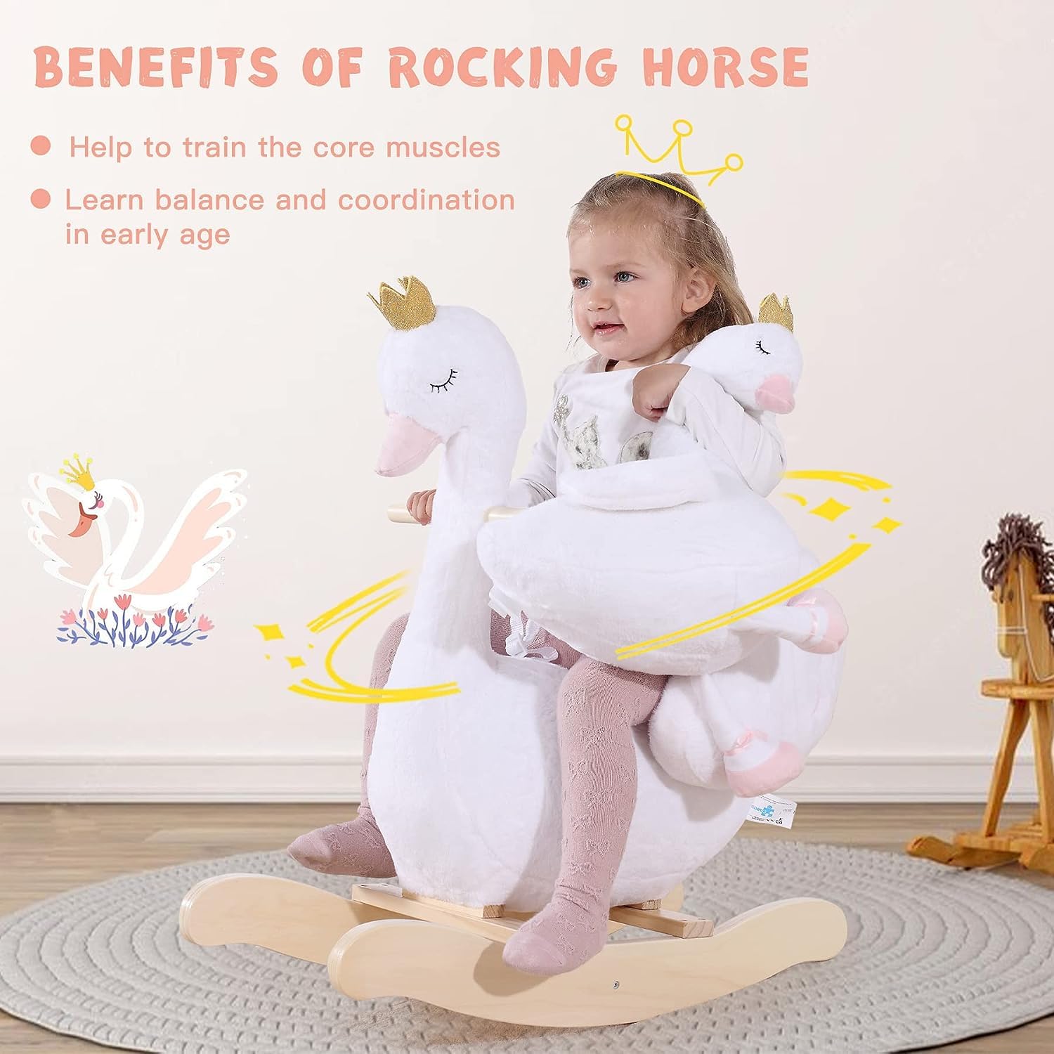 Labebe Cavallo Dondolo Legno, Peluche Bambini di Cigno Bianco per 6-36 Mesi, Sedia Dondolo Neonati/Giochi Cavalcabili