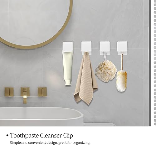 Miniatura 5 de MultiValue 4 soportes para pasta de dientes con clip de limpiador facial, ganchos adhesivos de pared para colgar limpiadores, toallas, llaveros,