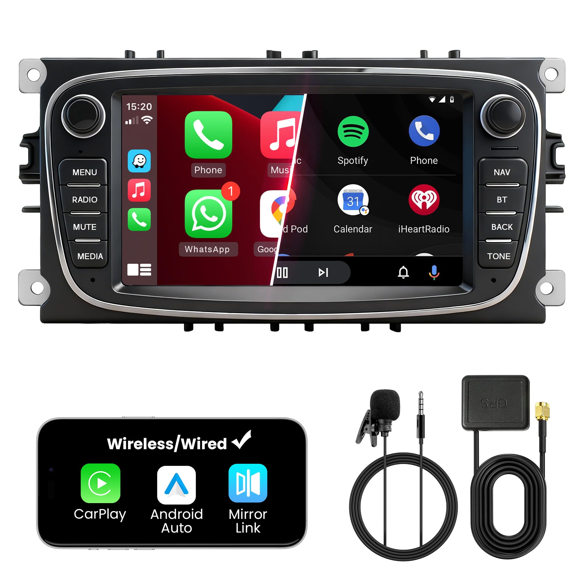 Doppel DIN Autoradio mit Bildschirm für Ford Mondeo Focus S-Max Galaxy, Wireless CarPlay & Android Auto, 7" Auto Radio Touch Display, 4GB+64GB, Bluetooth 5GHz WiFi DAB+ FM AUX GPS