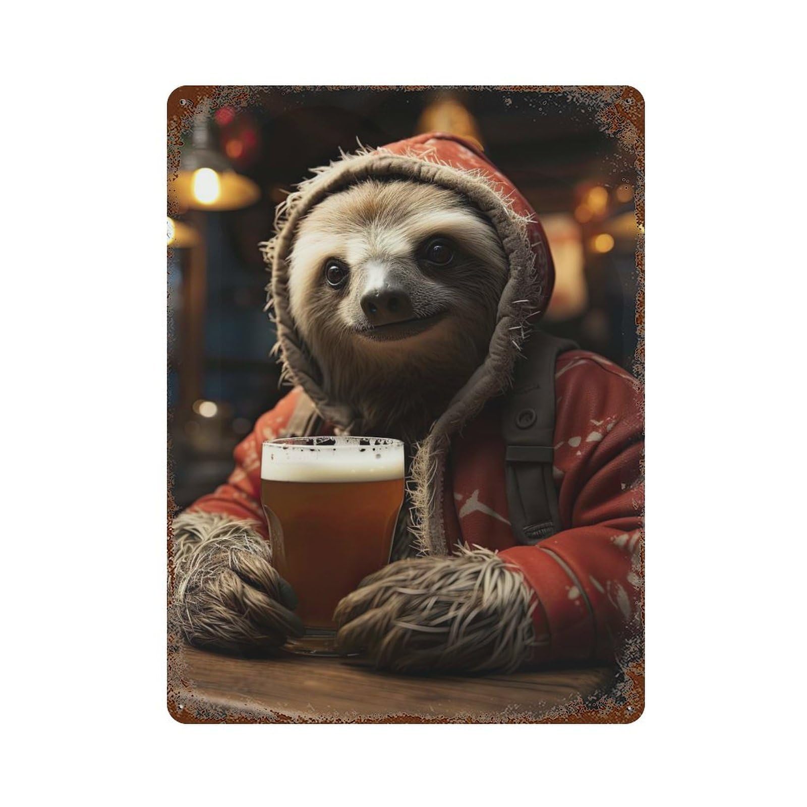 Holiday Beer Sloth Decorative Tin Sign 15.7"x11.8", Retro Wall Decor for Basement, Hobby Room And Garage Decor