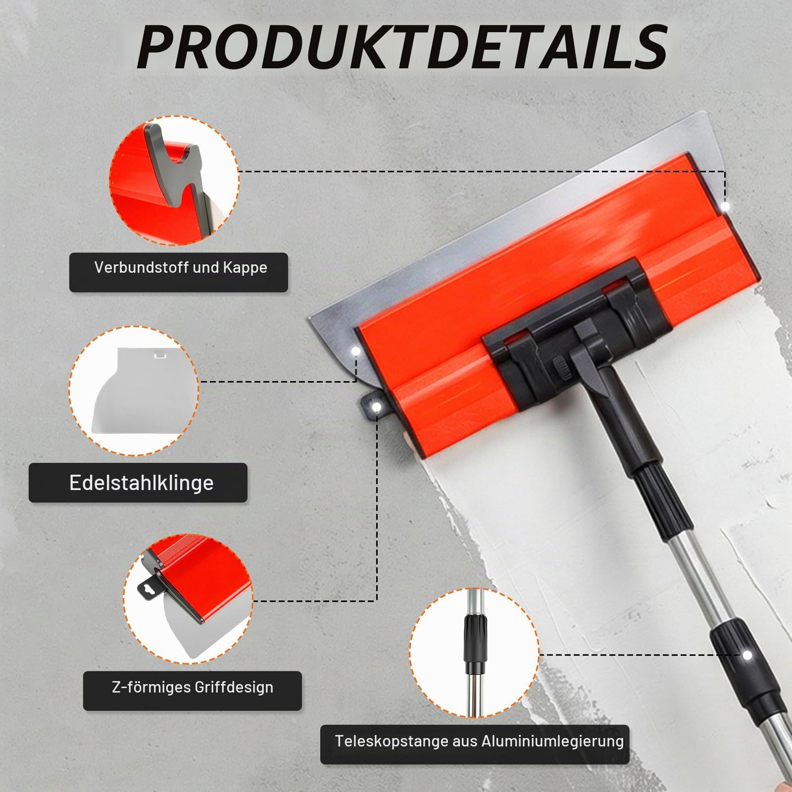 Premium Spachtelset, 5 x Flächenspachtel (200mm, 400mm, 600mm, 800mm, 1000mm), 0,35 mm und 0,5 mm Dicke, Teleskopgriff, Transportkoffer, Spatelsatz für Trockenbau und Verputzarbeiten