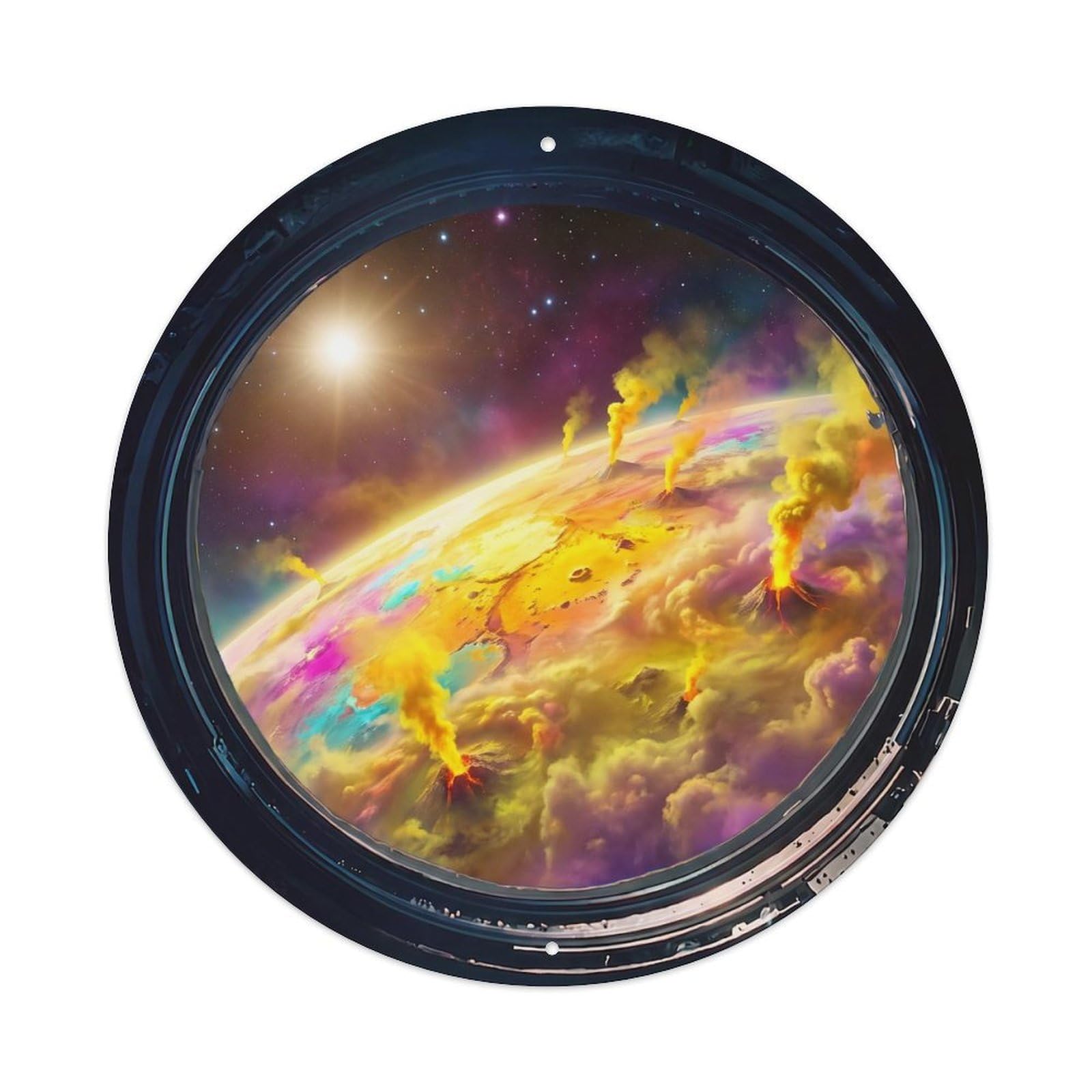 Sulfur Yellow Planet Porthole View Metal Tin Sign