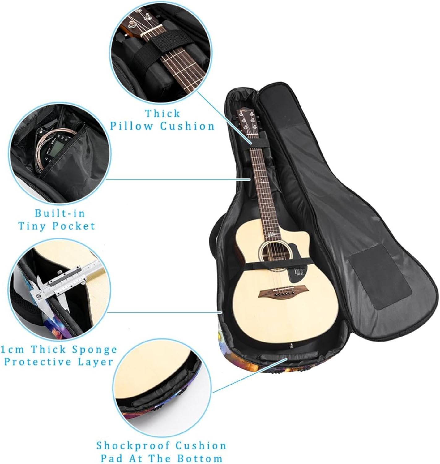 40 41 42 Inch Guitar Bags, Waterproof Padded Acoustic Guitar Case Backpack with Adjustable Shoulder Strap & Pockets, Colorful Skulls and Flowers