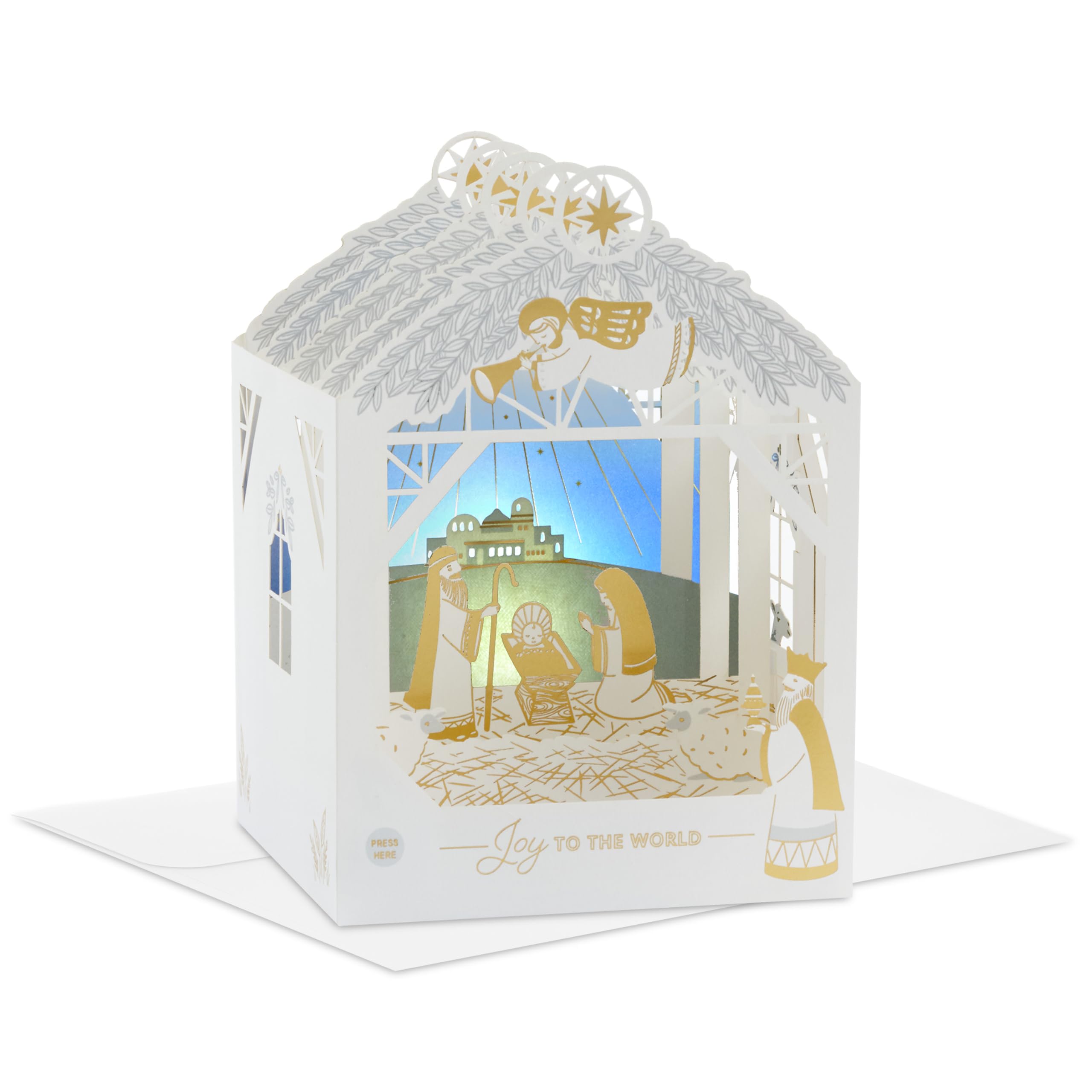 Hallmark Paper Wonder Musical Pop Up Christmas Card (Joy to the World) Angel and Nativity, Gold and White