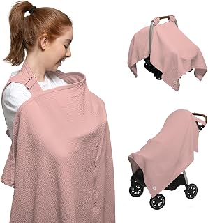 Nilsa Muslin Nursing Cover & Car Seat Cover - Breathable 100% Cotton Breastfeeding Apron with Rigid Hoop, Adjustable Straps (Blush)