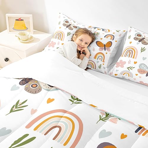 Miniatura 4 de Juego de ropa de cama Boho arcoíris tamaño completo, lindo juego de edredón de mariposa de 3 piezas para niños, niñas, niños, decoración de