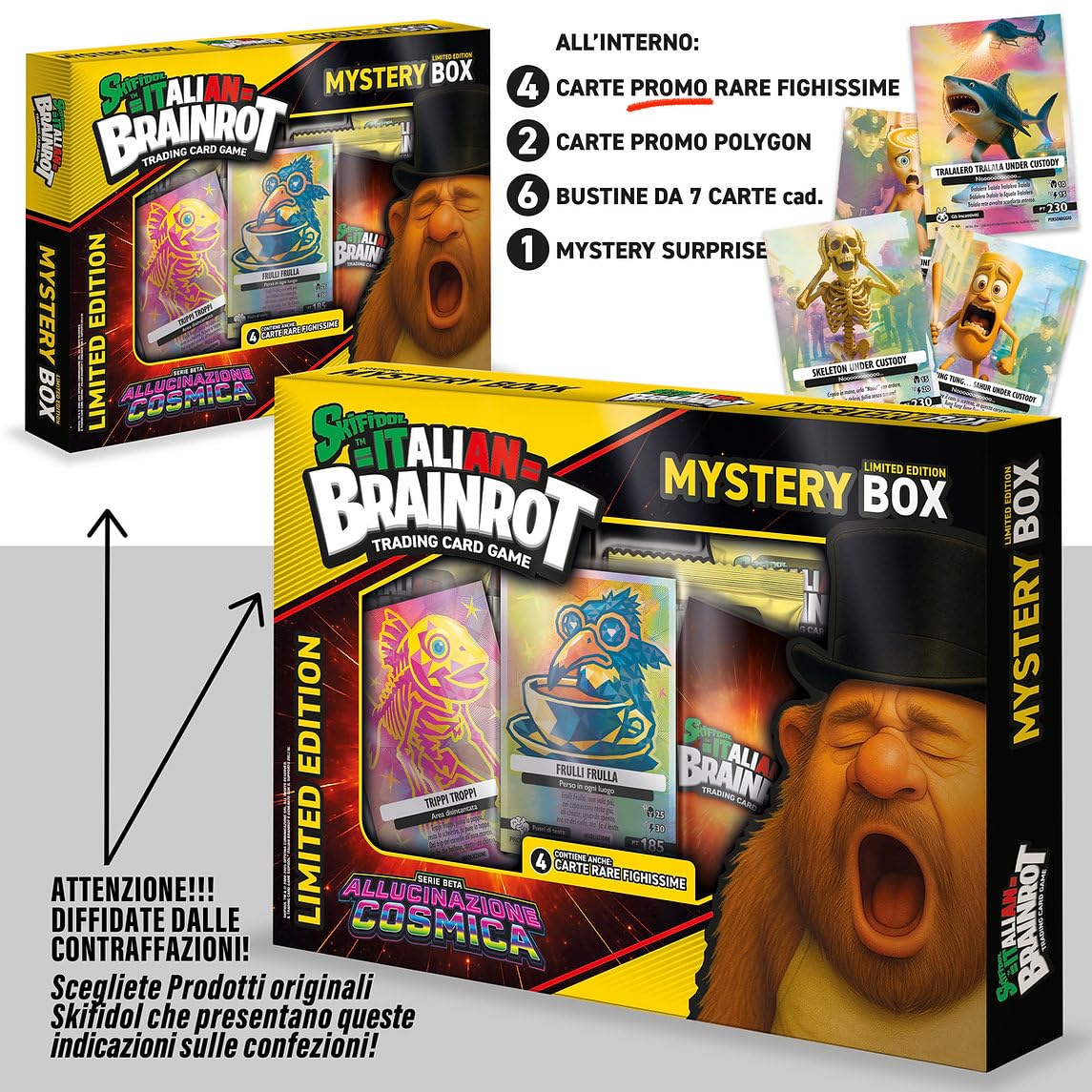 Generico Skifidol Italian Brainrot Mystery Box Allucinazione Cosmica, Edizione Limitata, 4 Carte Promo Rare, 2 Polygon, 6 Bustine da 7 Carte - 42 figurine