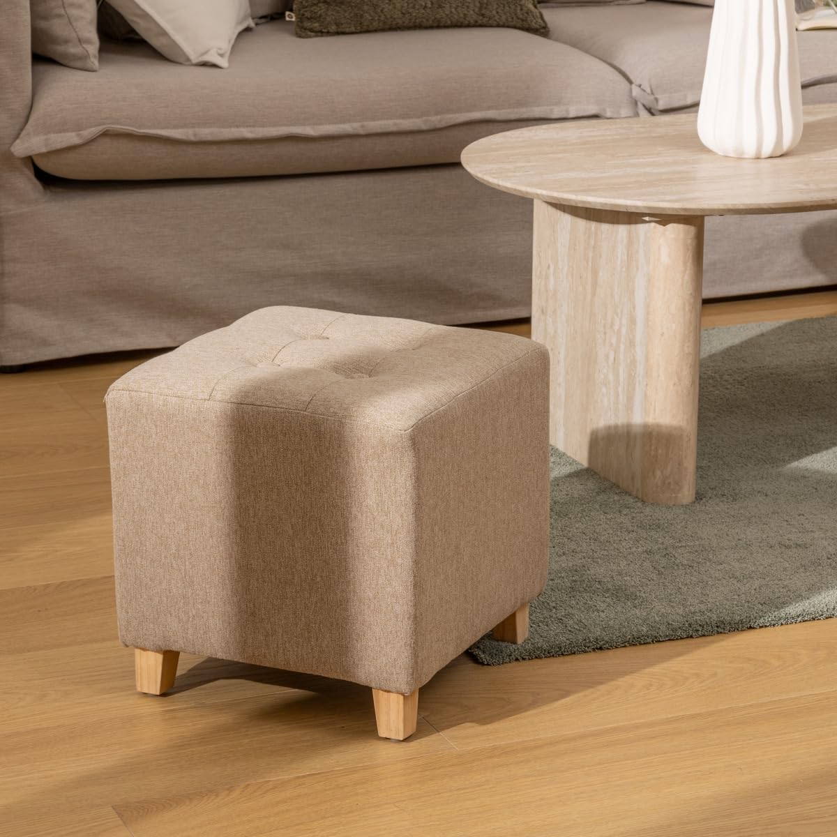 Atmosphera - Pouf Carré Leandre Beige Chiné 35 x 35 x 35 cm, Pieds en Bois, Assise Capitonné - pour Salon, Chambre