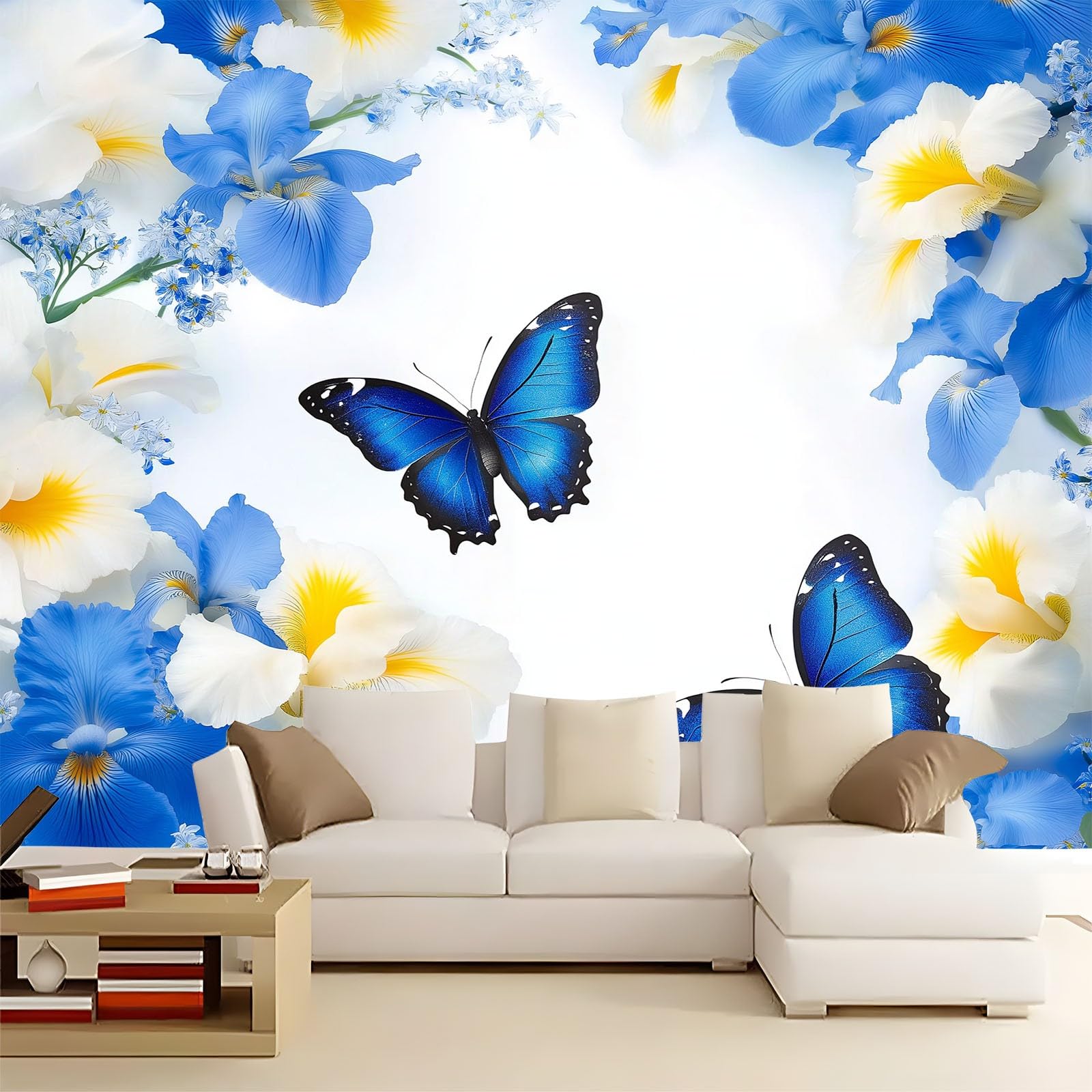 Fototapeta z niebieskimi motylami, kwiatami, efekt 3D, fototapeta, motyw tapety, tapeta z włókniny, nowoczesna tapeta ścienna, dekoracja do sypialni, salonu, 300 x 210 cm