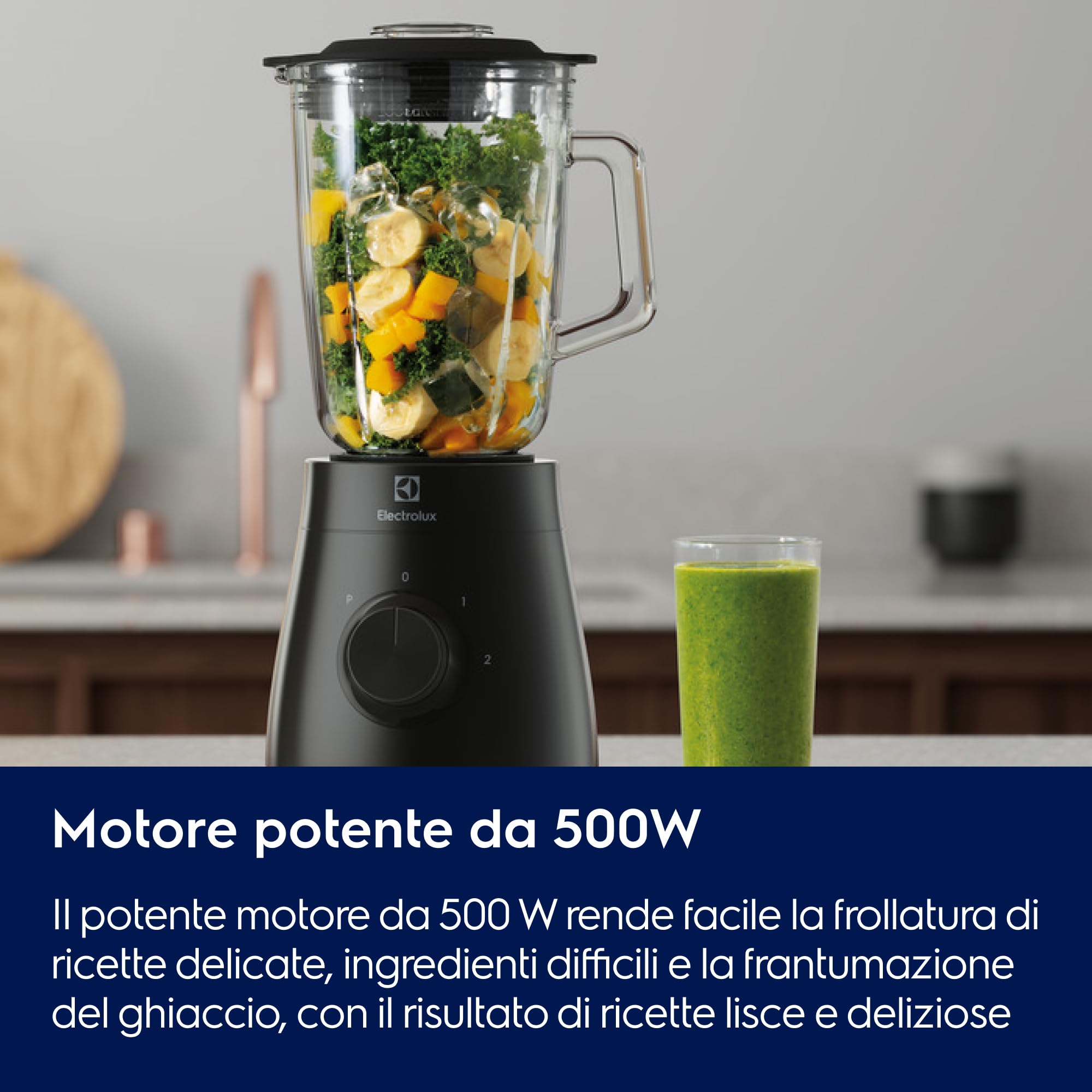 Electrolux E3TB1-4GG, Frullatore da Tavolo Create 3 con Lame TruFlow, Motore 500 W, Caraffa XL 1,5 L, 2 Velocità e Funzione Pulse, Lame in Acciaio Inox, Nero