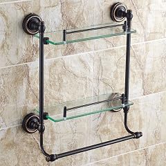 Shower Caddy Black Antique Copper Bronze Towel Rack European Glass Shelf with Double Bar Makeup Cosmetics 2 Layers