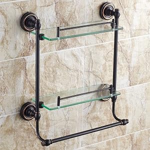 Shower Caddy Black Antique Copper Bronze Towel Rack European Glass Shelf with Double Bar Makeup Cosmetics 2 Layers