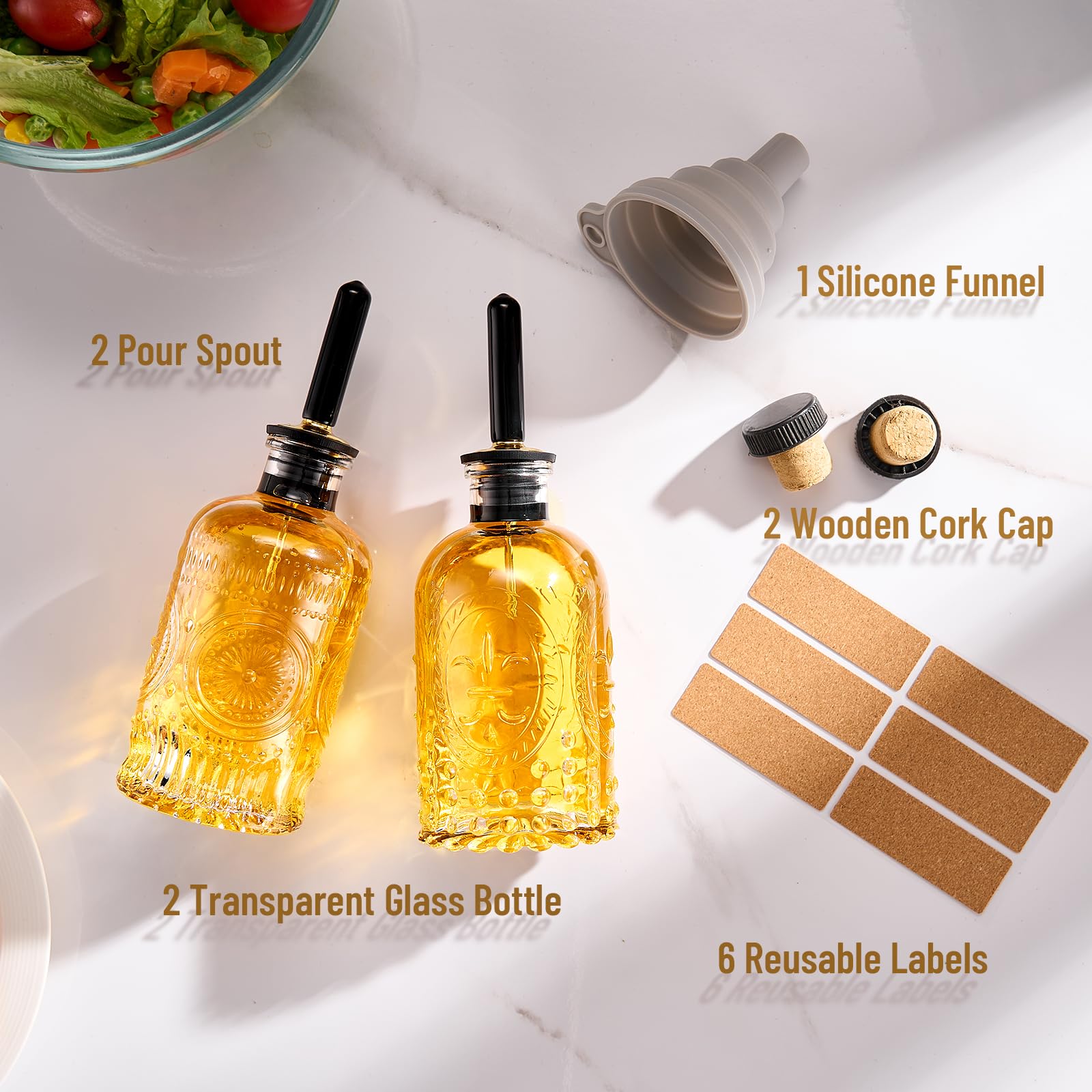 Baalaka Botella dispensadora de aceite de oliva para cocina con boquilla de metal, botellas de aceite de vidrio de 7 onzas, elegante dispensador de aceite de cocina de vidrio para jugo de cocina,