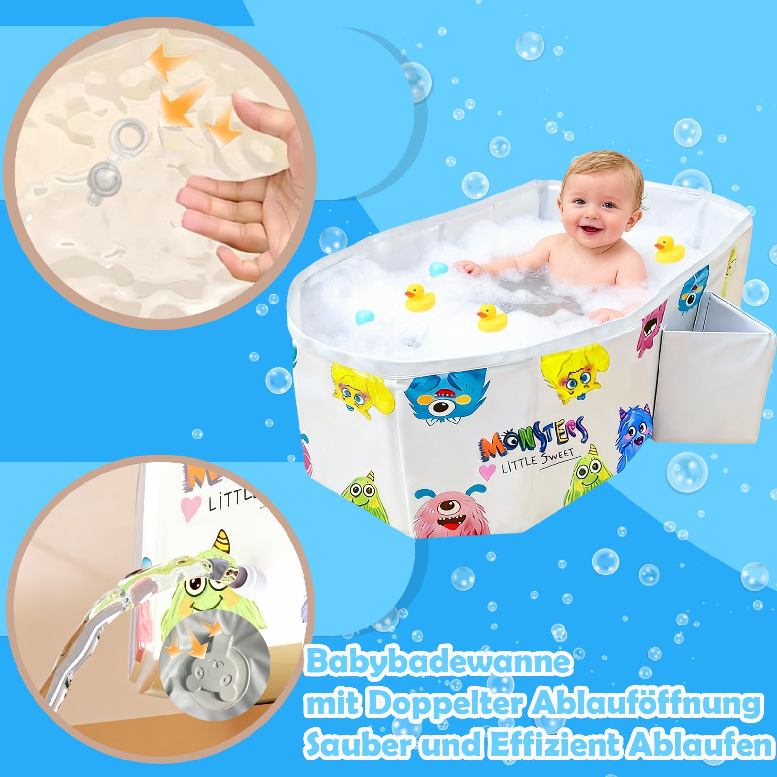 Baby Badewanne,Großraum Babywanne,Baby wanne im Monsterchen Motiv,Platzsparende Babybadewanne Faltbar,Tragbare badewanne kinder,Kinderbadewanne mit Ablassschraube für Kinder von 0-8 Jahre