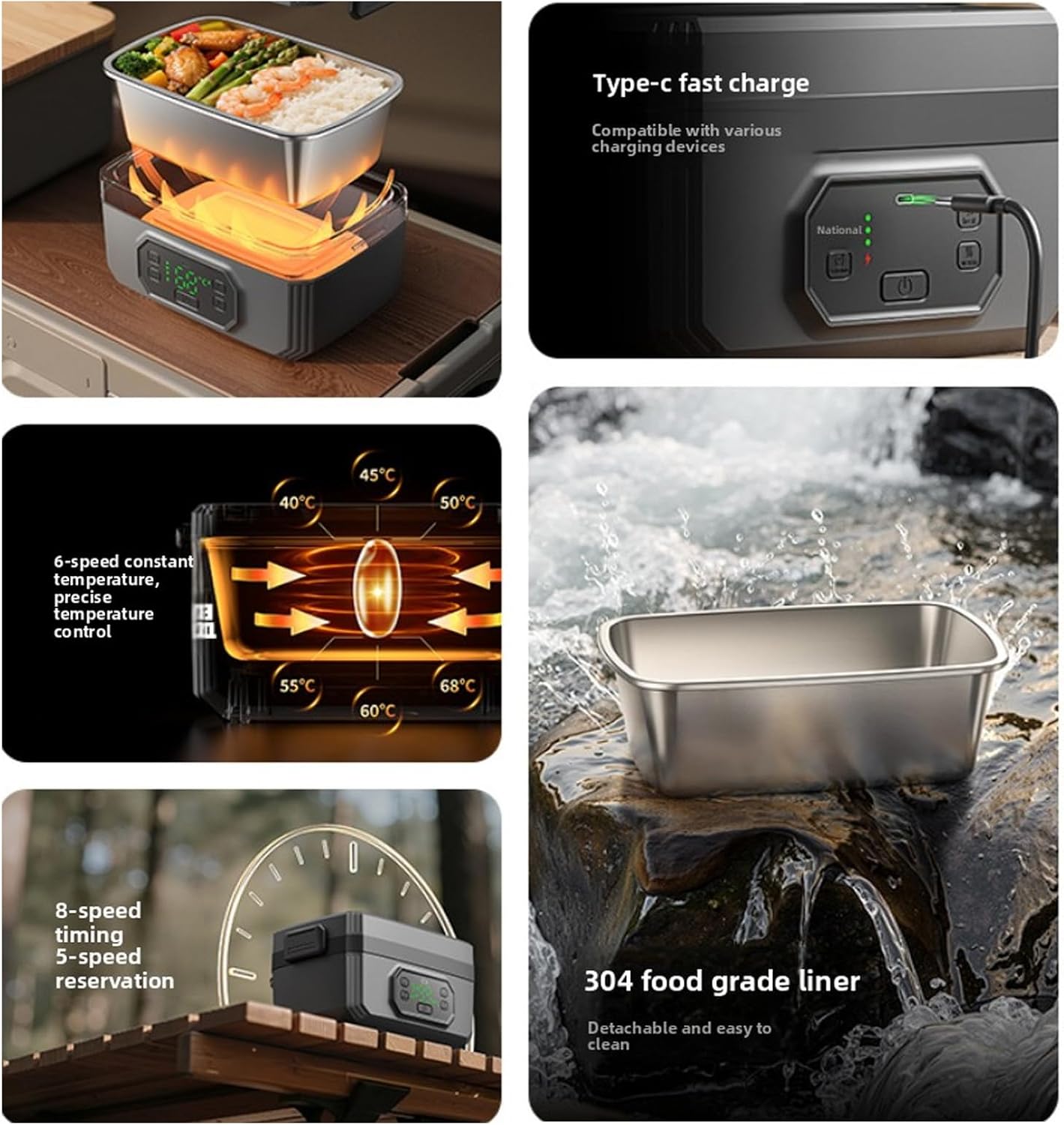 Focket Electric Lunch Box for Adults, Portable Stainless Steel Wireless Food Warmer with Automatic Heating, Fast Heating Heated Lunch Boxes (1600ml)