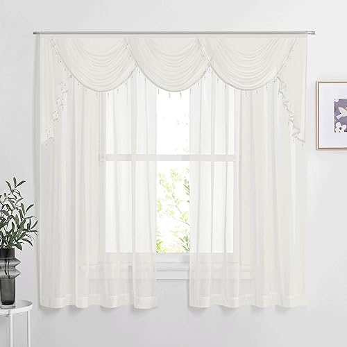 NICETOWN 2 paneles de cortinas transparentes de 60 x 63 pulgadas con bolsillo para barra, color beige claro con 1 bolsillo para barra de 79 x 40