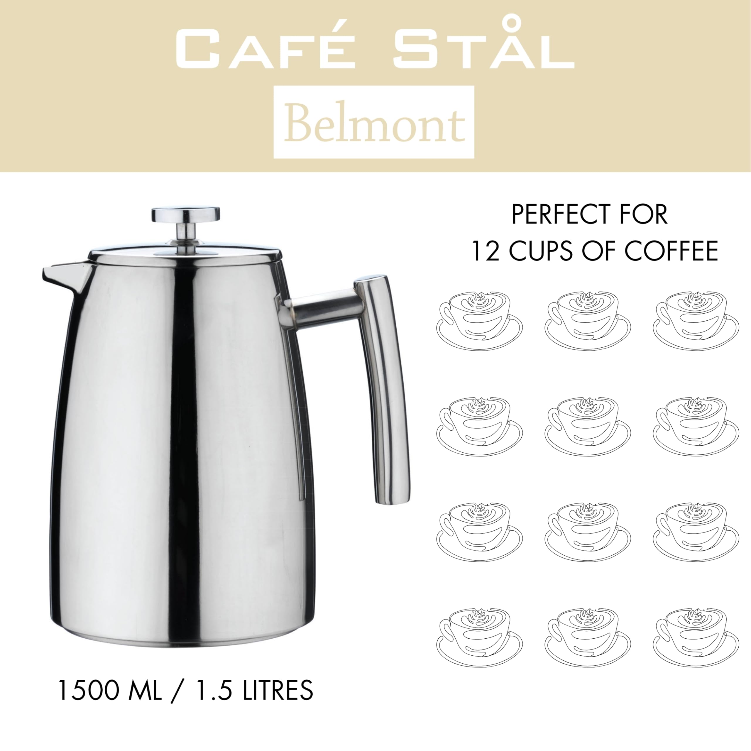 Belmont 12 filiżanek podwójne ścianki ekspres do kawy Cafetiere, lustrzane wykończenie, 1,5 litra, HFD-12