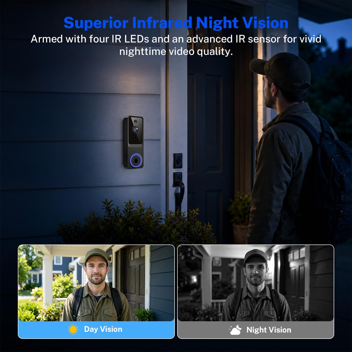 Caméra de sécurité sans fil avec batterie 1080p, sonnette vidéo avec vision nocturne, détection humaine IA, audio bidirectionnel, vue en direct, Wi-Fi 2,4 G, stockage dans le cloud