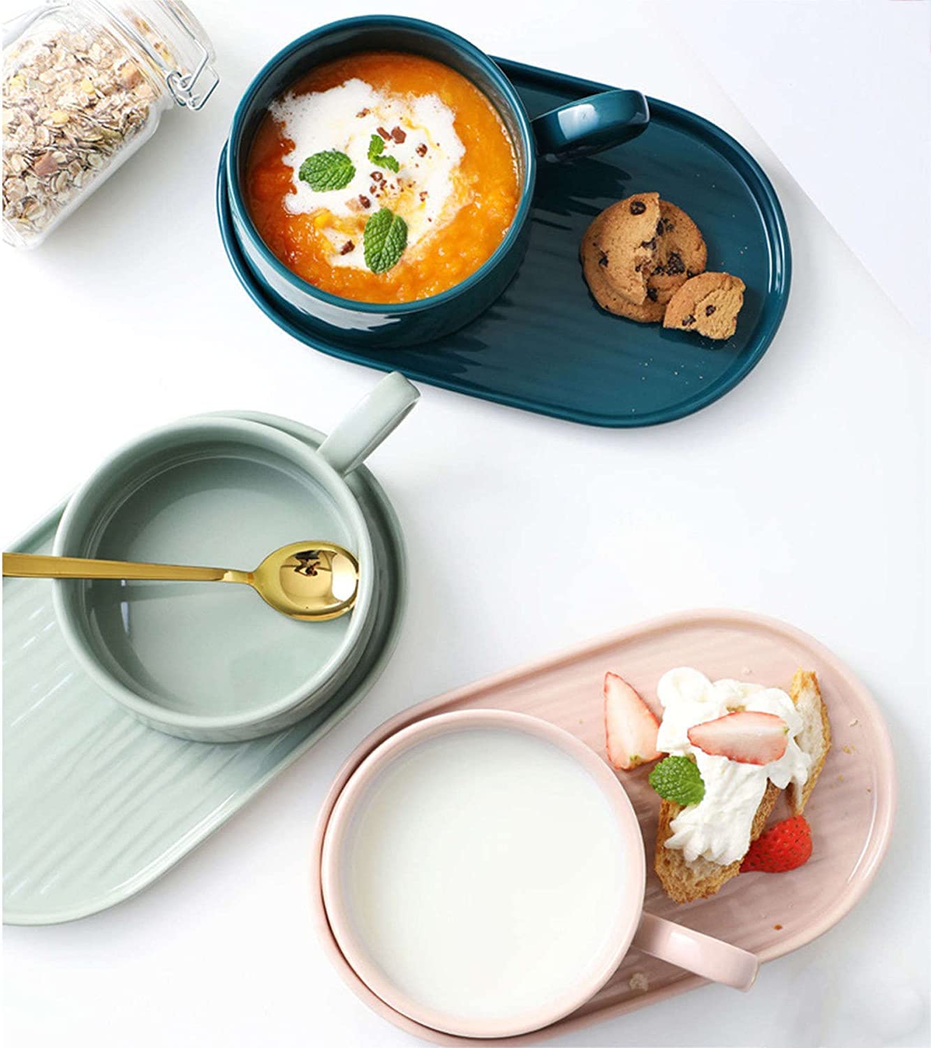 Taza de sopa con asa Tazón, Desayuno cerámica Café Té Tazas, Tazones asas y platos gres, Platos tazones Juegos 1 persona, desayuno soporte for galletas.-Rosa (Color : Oneco(Light Green)