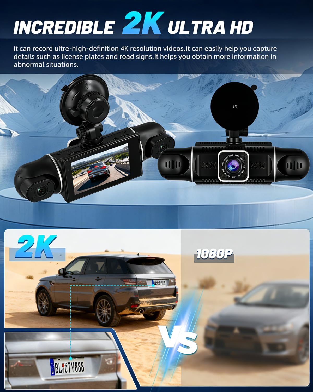 NHOPEEW Cámara para salpicadero WiFi 2K de 3 Pulgadas, 4 Canales, 360° + 1080P Interior Izquierda y Derecha + cámara Trasera, cámara para salpicadero con Sensor G, visión Nocturna, grabación en Bucle