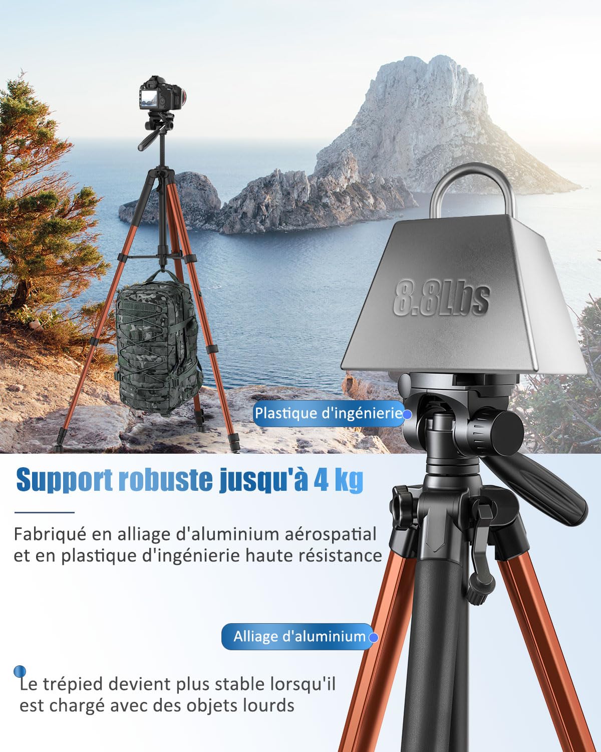 POLAM-FOTO Trépied Professionnel pour Appareil Photo de 188 cm, trépied Professionnel en Aluminium Robuste, trépied Compact avec Sac de Transport, Support de téléphone Orange