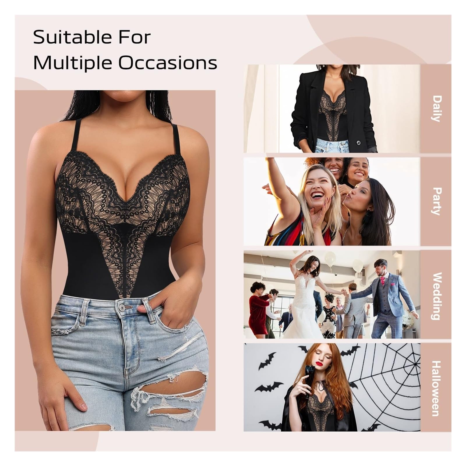 Body in Pizzo per Donna, Modellante, con Scollo a V, Senza Schienale, Contenitivo, Perizoma, Modellante Sexy
