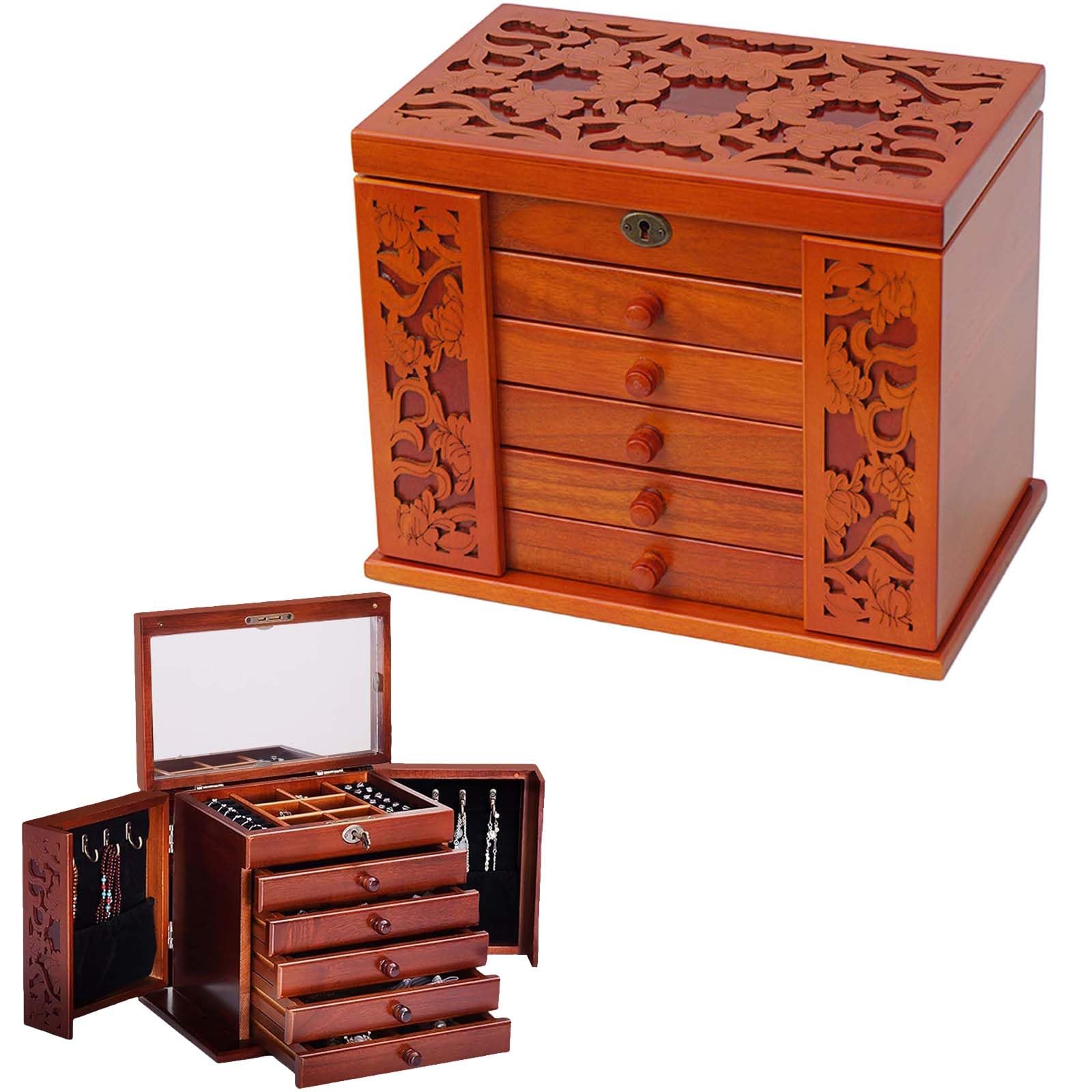 EAmrfvqt Jewellery Box, Wooden Jewelry Box 31x19.5x25cm Mirror 6 Layer Lock For Women Walnut And Cherry(Cherry)