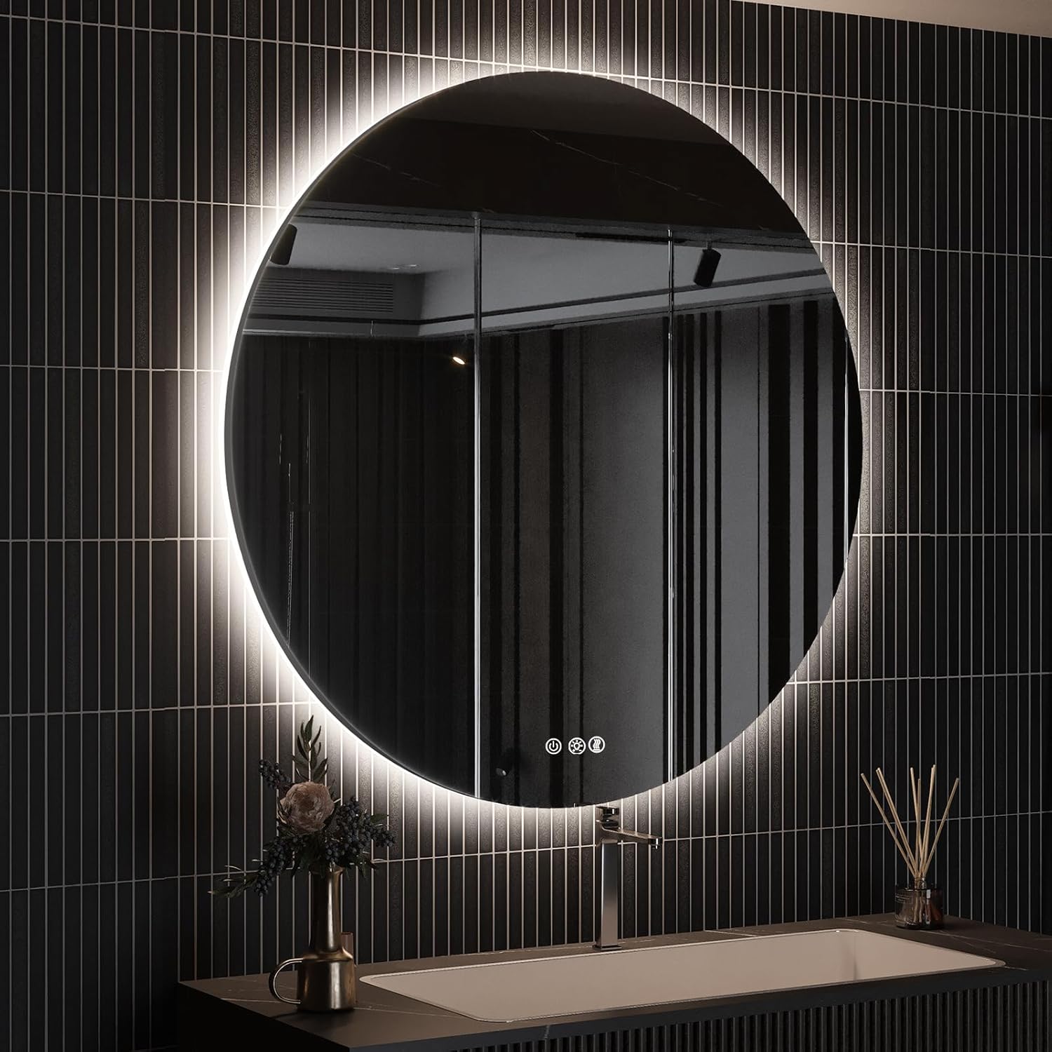 ROOMTEC 40" LED Round Mirror, Wall-Mounted, 6000K Backlit, Dimmable Lighted Bathroom Vanity, Anti-Fog