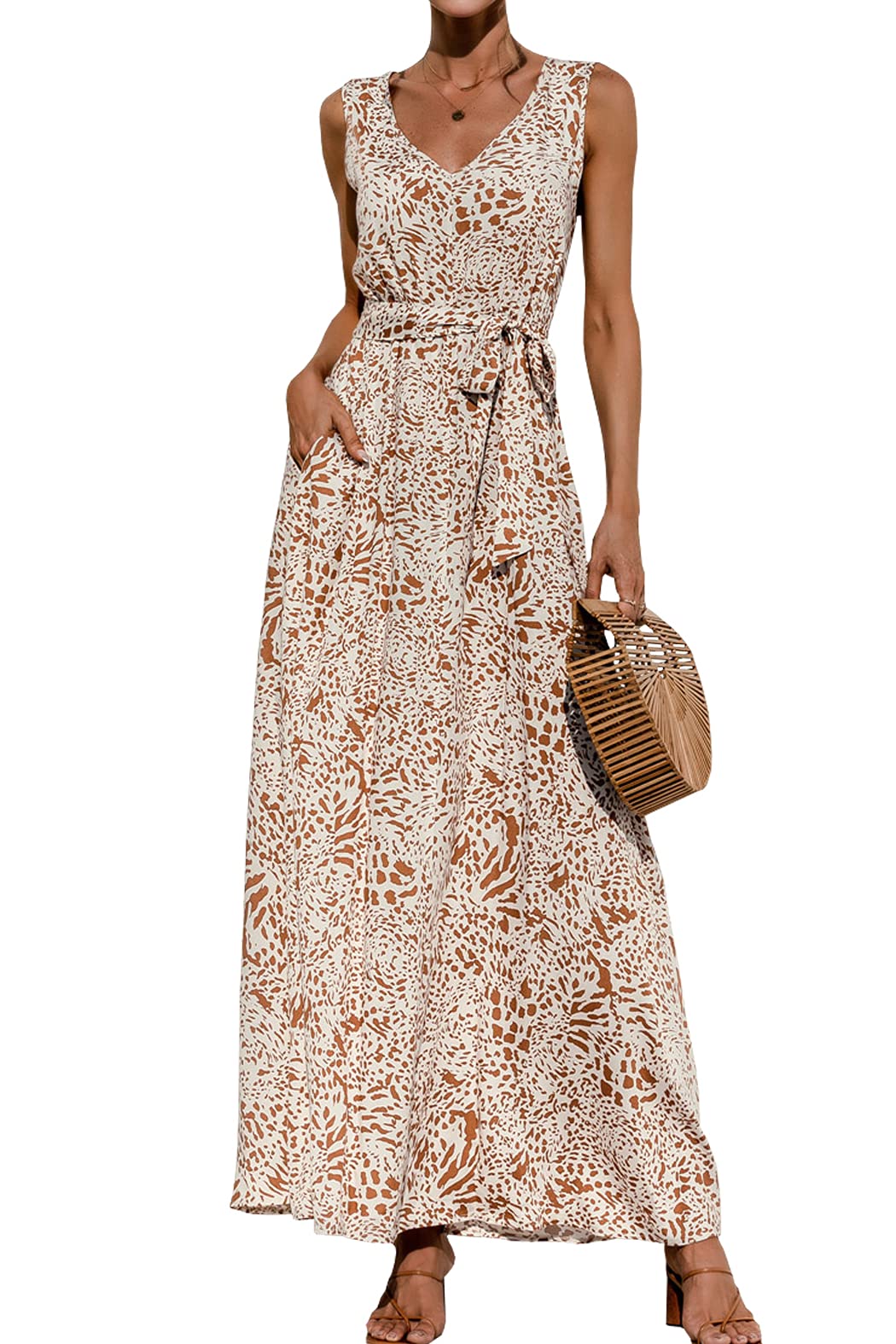 Womens Sleeveless V Neck Waist Lace Up Printed Long Dress Casual Summer Dresses