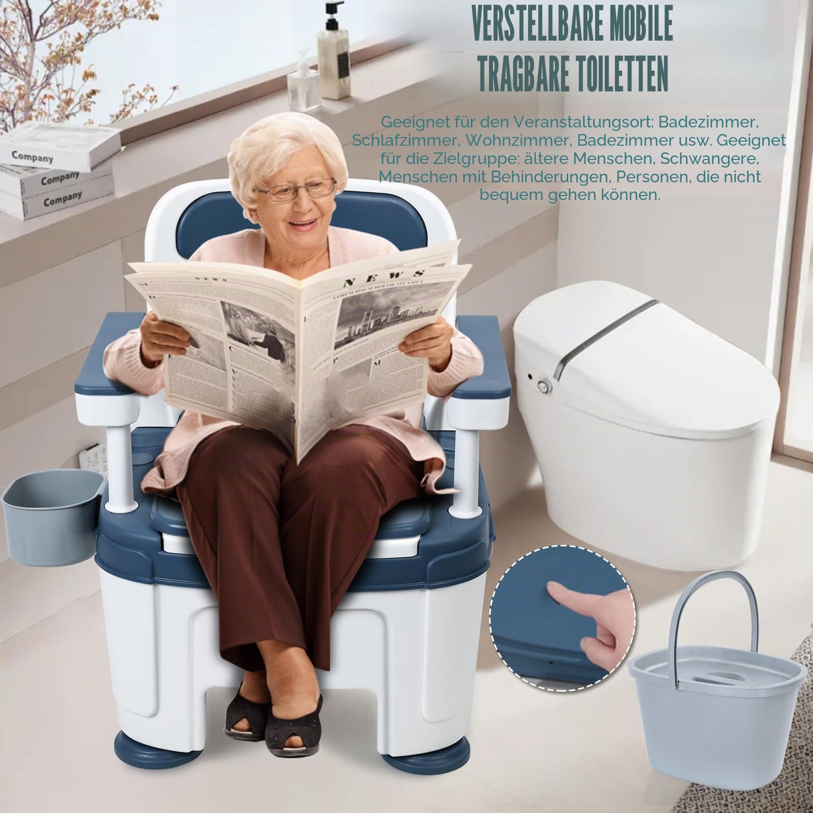 Nachtkommode, tragbare Toilette, Toilettenstuhl mit Griffen, höhenverstellbar, mobile tragbare Toilette, Erwachsenen-Töpfchenstuhl, Belastung 400 kg, für Senioren, Behinderungen, ältere