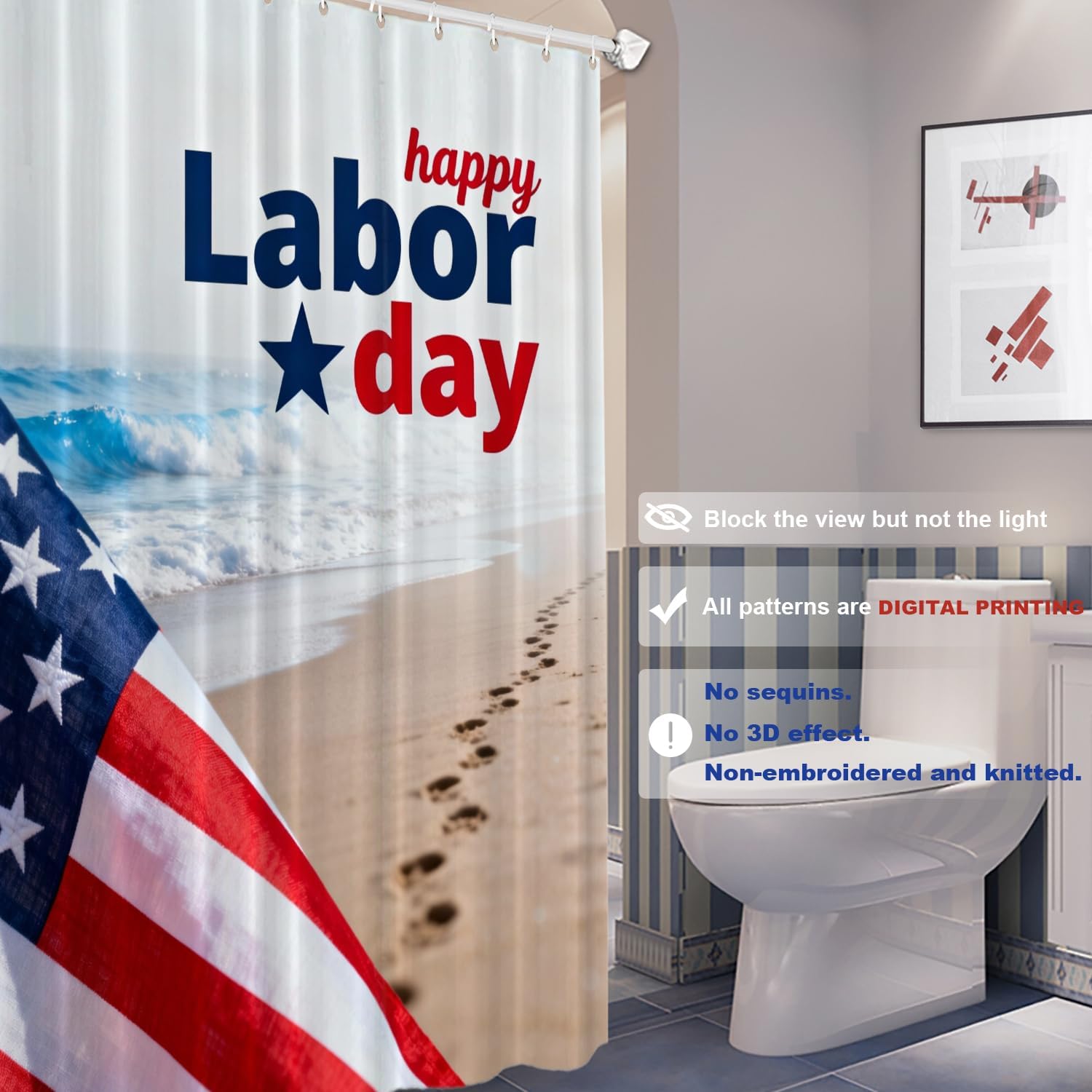 Batmerry Happy Labor Day Decor Shower Curtain,White Stars Red Patriotic USA Flag Bathroom Decor Polyester Fiber Plastic Rings Quick-Drying Waterproof for Bathtubs/Bathroom, 72x72 inches