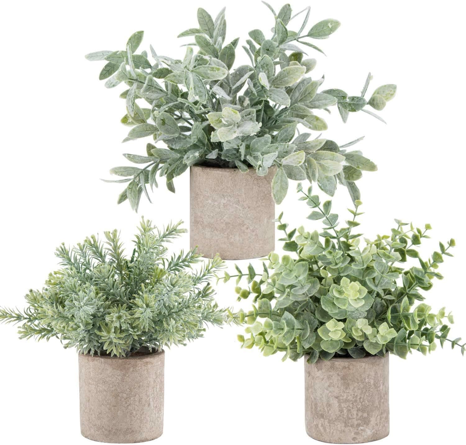 Der Rose Set of 3 Mini Faux Eucalyptus Plants in Pots - Artificial Topiary for Home, Office, Farmhouse, Bathroom Decor