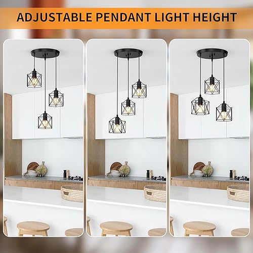 Miniatura 3 de Lámpara colgante de granja de 3 luces, lámpara de techo colgante industrial para isla de cocina, comedor y bar, lámpara de jaula ajustable negro