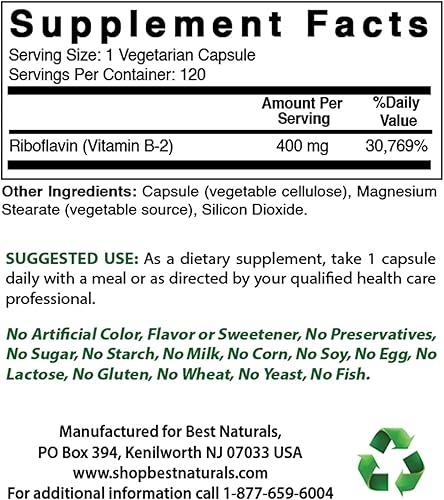 Miniatura 3 de Best Naturals Vitamina B1 como mononitrato de tiamina 500 mg y vitamina B2 (riboflavina) 400mg