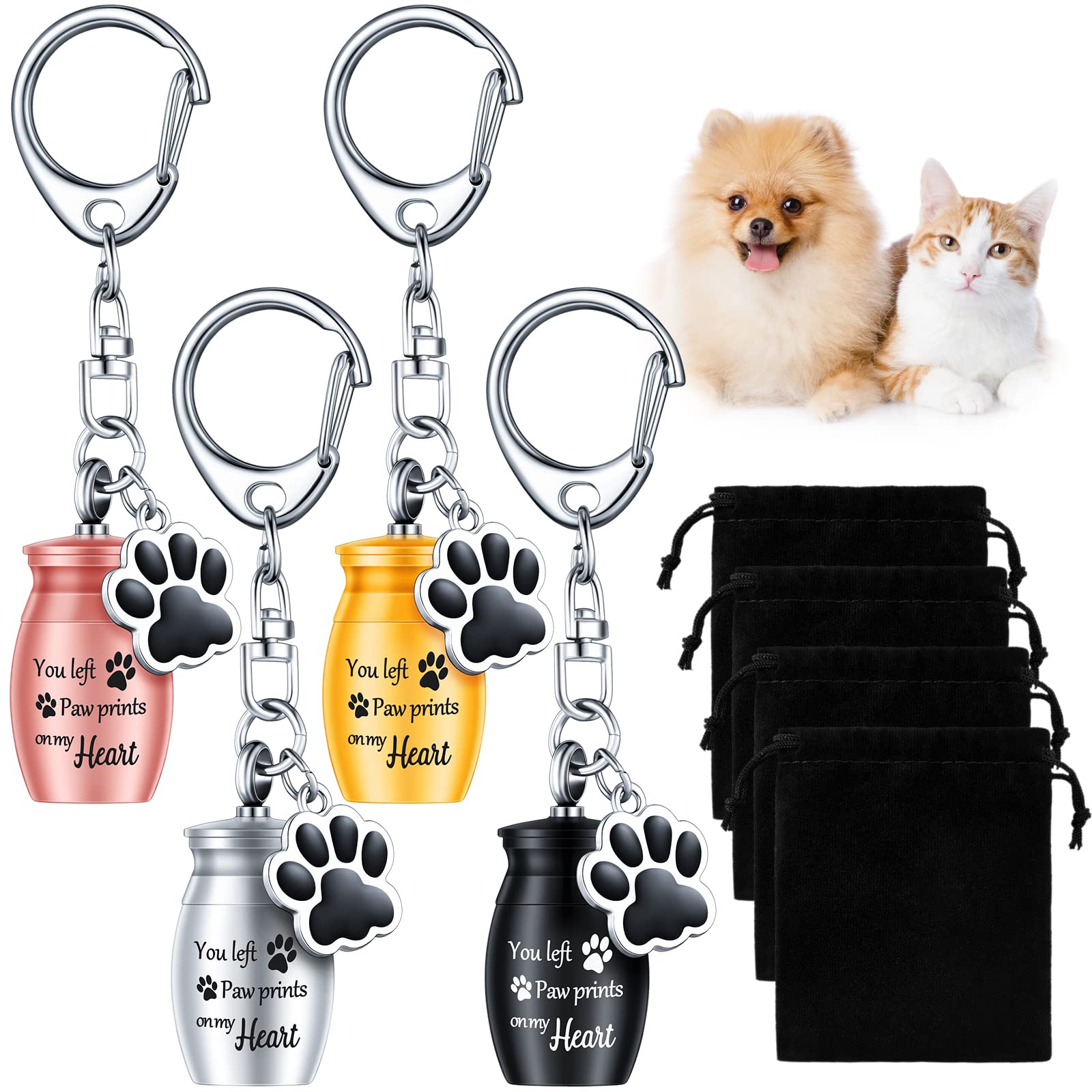 Batiyeer 4 Pcs Pet Ashes Keepsake Keychain for Dog Urns Keychain Stainless Steel Small Pet Urns for Dogs Cats Ashes with 4 Black Velvet Storage Bags,