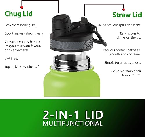 Miniatura 9 de Botella de agua aislada de 32 onzas, botella de agua de acero inoxidable de doble pared, 3 tapas a prueba de fugas, botella de agua con popote, sin
