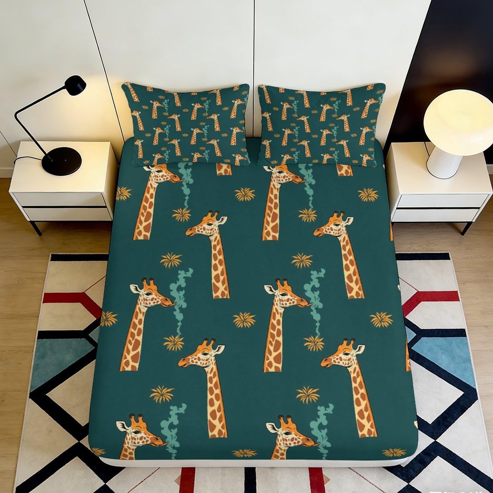 3D Printed Giraffe Jungle Fitted Sheet Microfiber Soft Breathable Cartoon Animal Mattress Cover for Bedroom Dorm Decor 90x200x25cm