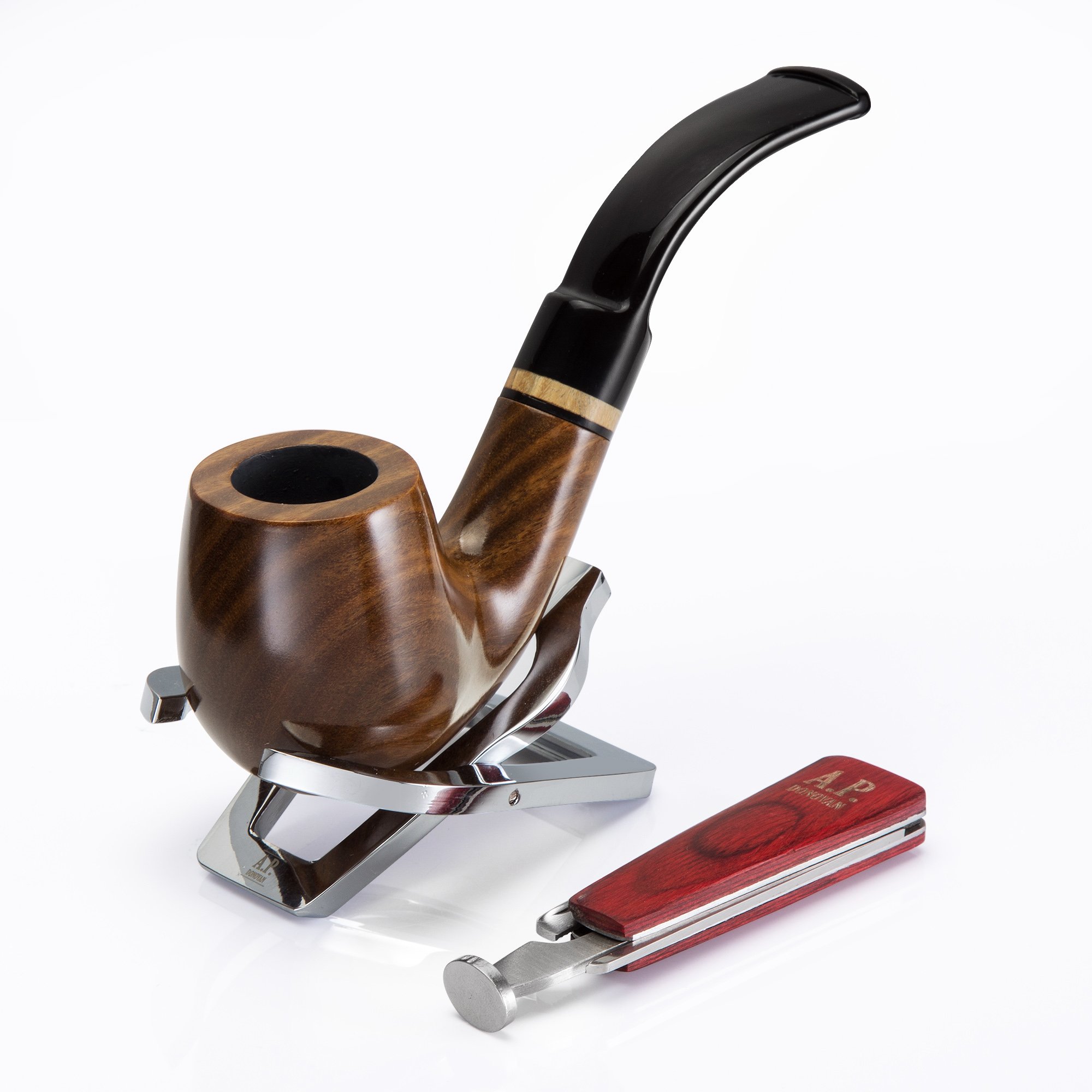 A.P. Donovan - Wooden Tobacco Pipe Set Handmade (with Stainless Steel Pipe  Stand & Tobacco Stopper / Cutlery) - for 9 mm Filter