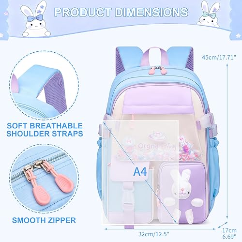 Miniatura 2 de WYCY Mochila para niñas, mochila linda de arena movediza para refrigerador, puerta, mochila escolar de gran capacidad Kawaii Bunny (Azul)