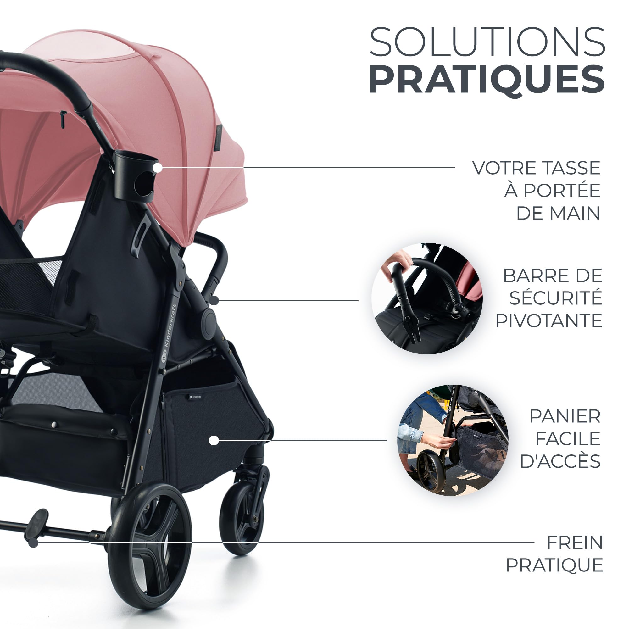Kinderkraft RINE Poussette Canne, Poussette Compacte, Poussette Bébé, Légère, Roues en mousse durable, Imperméable avec Filtre UPF 50+, Rosa