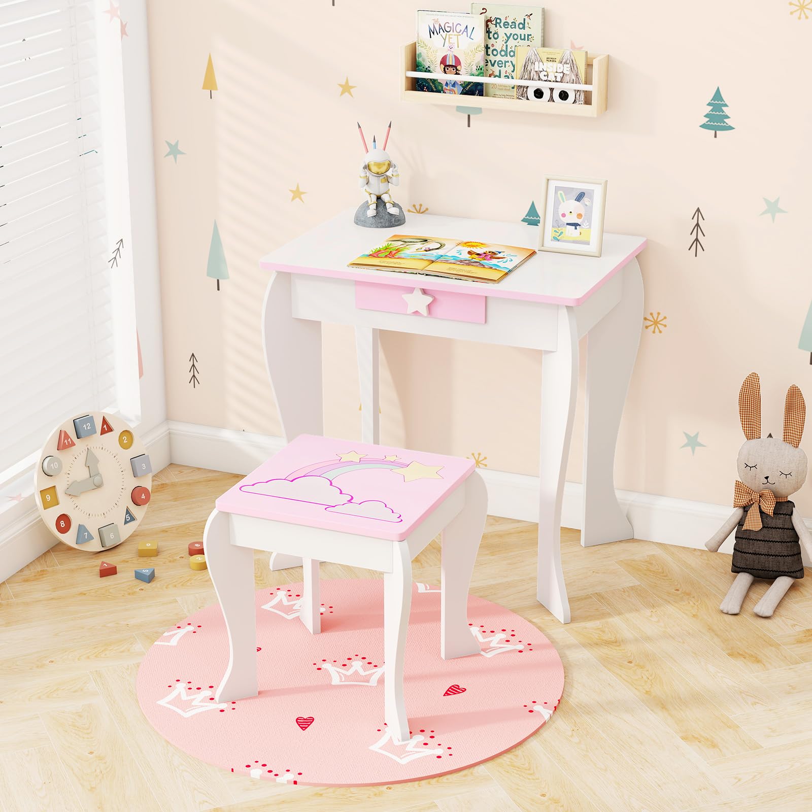 COSTWAY Mesa de Maquillaje con Taburete y Espejo para Niña, Tocador Princesa de Madera con Cajón, para Niñas de 3-7 Años (Blanco)