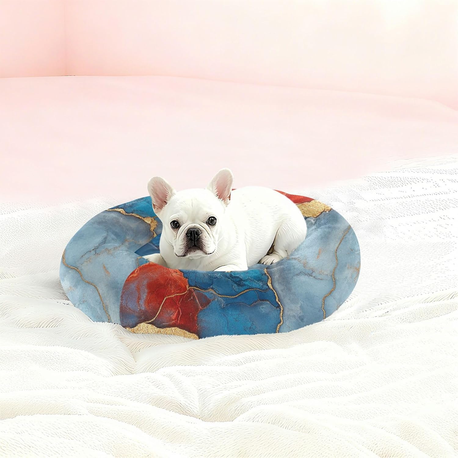 Marble Blue Red Pet Dog Beds Calming Anti Anxiety Cat Pillow Bed for Small Size Pets Sleeping M